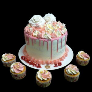 Dripcake et cupcakes assortis rose et blanc